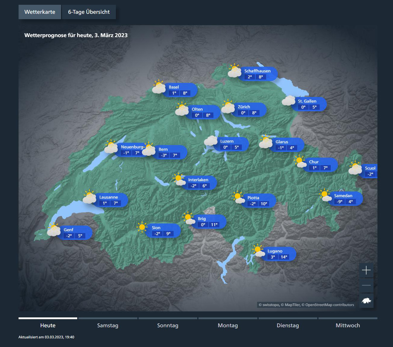 Wetterprognose für den 03.03.2023 in der Schweiz (Bundesamt für Meteorologie und Klimatologie MeteoSchweiz)