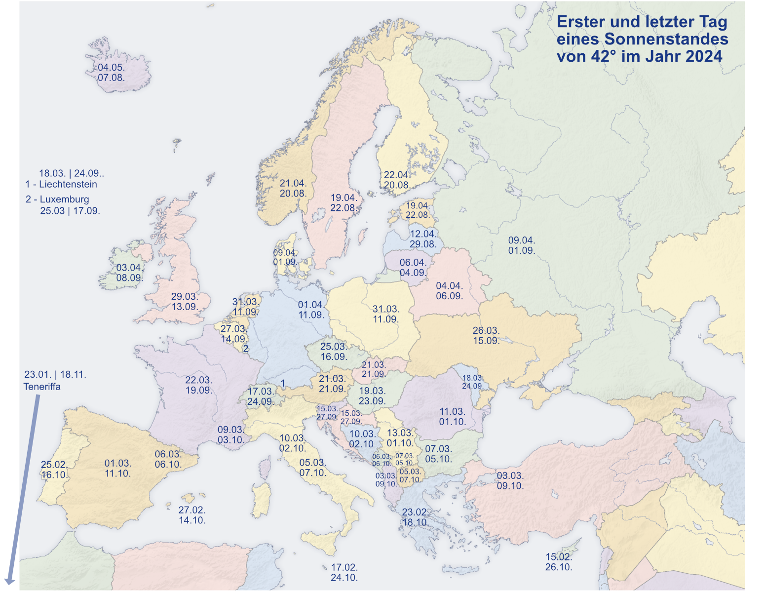 2024 - Erster und letzter Tag des Jahres, an welchem die Sonne in einem Winkel von 42° steht (Dr. Julia Naudszus, modifiziert, San Jose (Karte), CC BY-SA 3.0, via Wikimedia Commons)